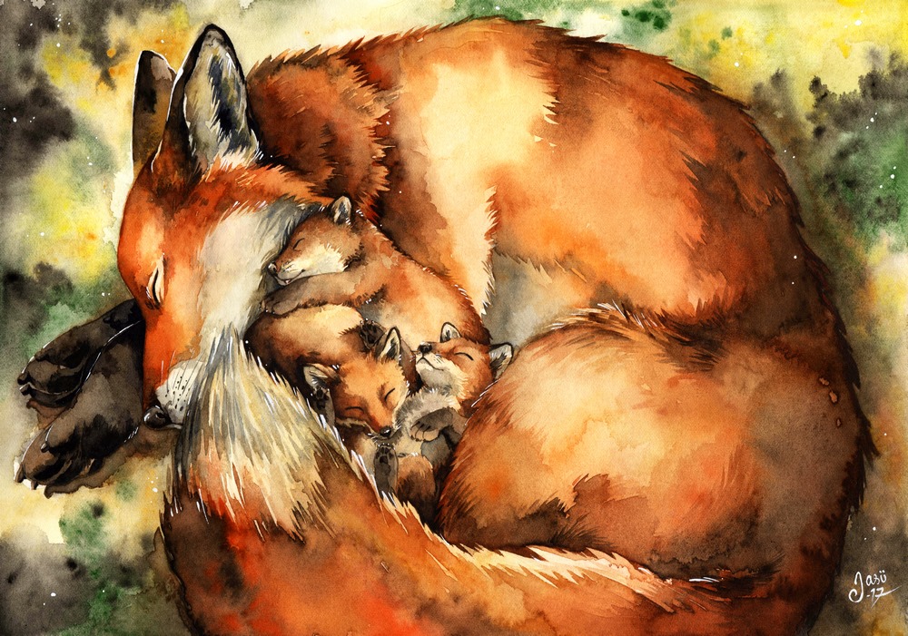 Original Painting - Mother Fox with Pups